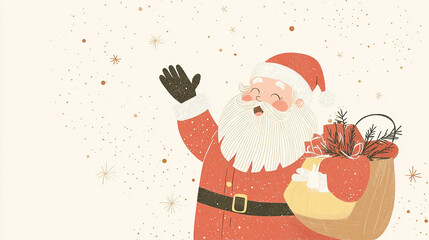 A happy Santa Claus is smiling and waving, carrying a bag of gifts on his shoulder, drawn in a minimalist vector illustration style with clean lines and simple colors, suitable for Christmas design.