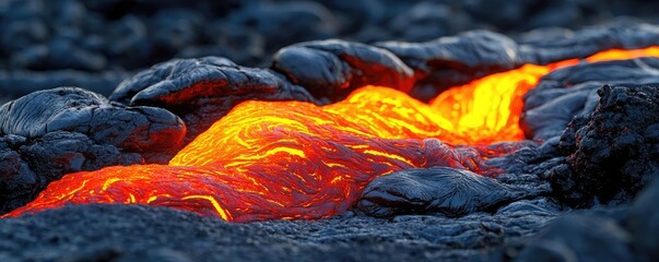 Lava flow on dark volcanic rock, showcasing vibrant orange and red colors.