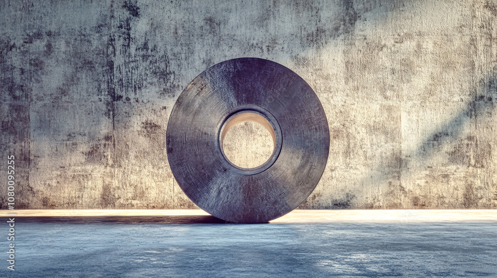 Aufkleber steel roll displayed in a warehouse with soft lighting highlighting its smooth surface and rustic su