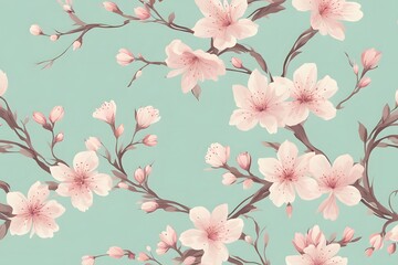 Elegant seamless pattern with cherry blossoms and vines in soft shades of pink and cream on a light, Ai Generated 