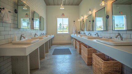 Bright and efficient hostel washroom with multiple sinks in a shared countertop, each station equipped with mirrors and individual lighting for personal use