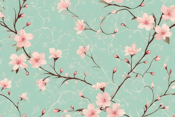 Elegant seamless pattern with cherry blossoms and vines in soft shades of pink and cream on a light, Ai Generated 
