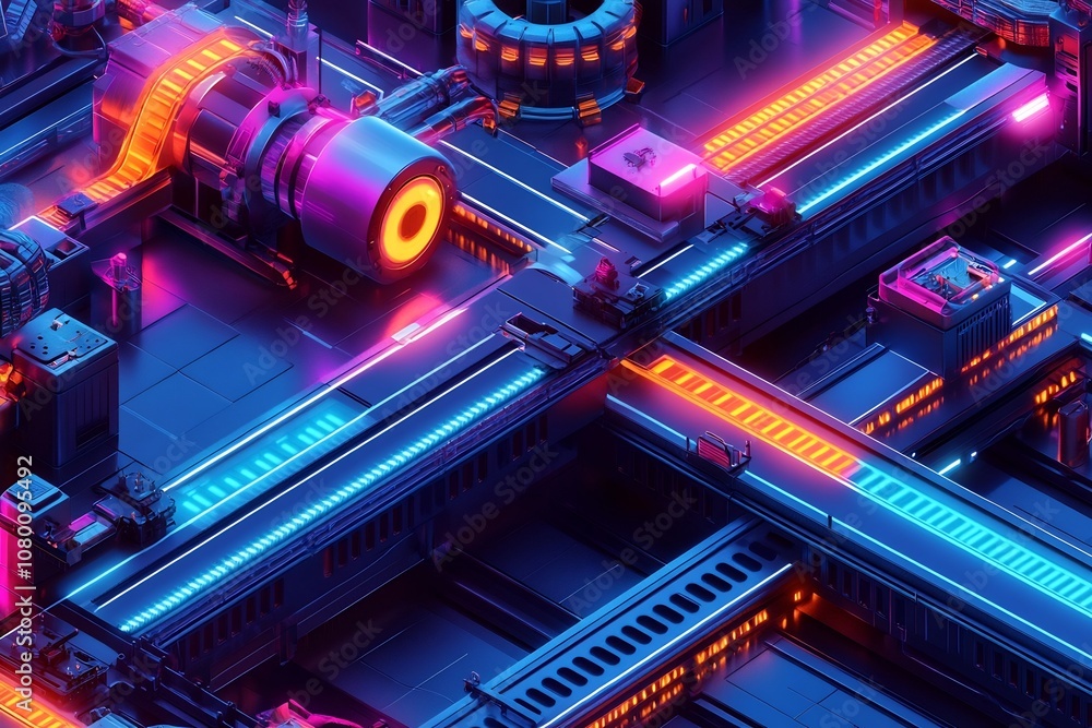 Poster vibrant neon lit production line with precision engineered automation and efficient material flow