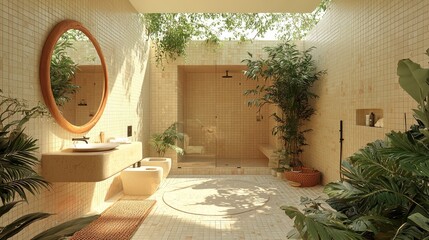 Bright bathroom with circular mirror, ceramic sink, earthy decor
