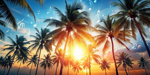 Fototapeta premium Tropical Sunset Symphony Palm Trees Silhouetted Against a Vibrant Sky with Musical Notes Floating Through the Air