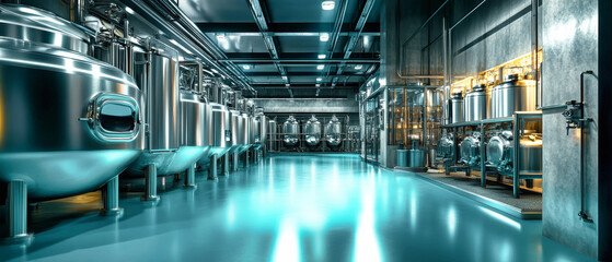 Obraz premium Modern microbrewery production line featuring stainless steel tanks and equipment in a dimly lit industrial setting at night