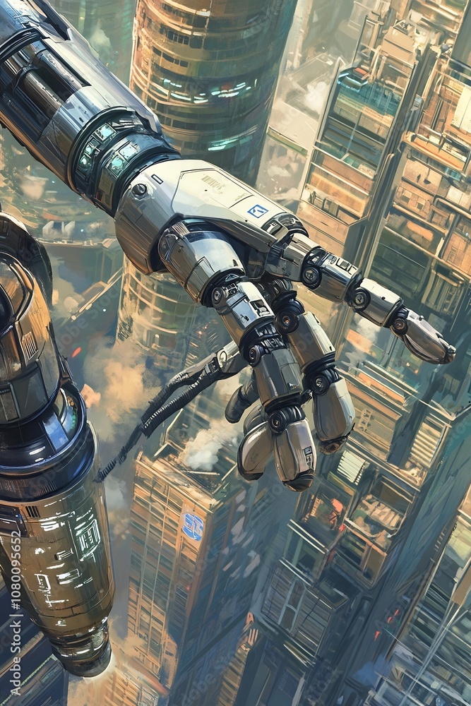 Poster advanced robotics engineering prototype in futuristic solarpunk cityscape