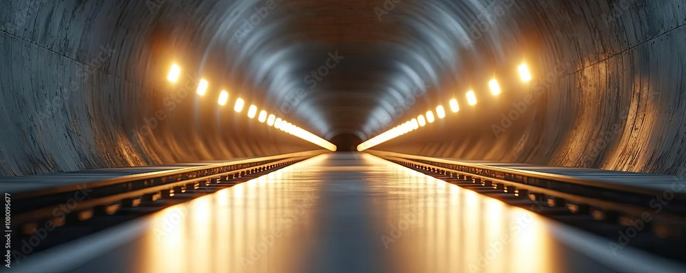 Poster a long tunnel illuminated by lights, creating a captivating perspective.