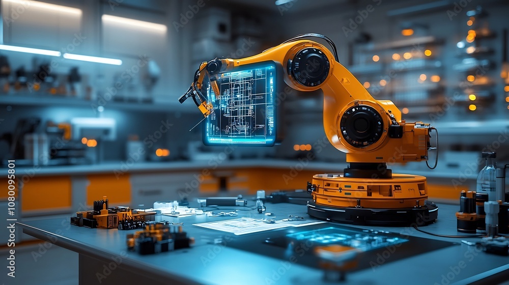Poster electrical engineer designing innovative robotic system with holographic interface in futuristic