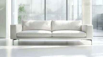 A modern minimalist white sofa with sleek lines, set in a spacious living room.