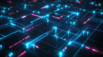 Obraz premium Abstract digital network circuit board background banner with glowing light and connecting data dots in blue and black colors. Big data technology concept. 