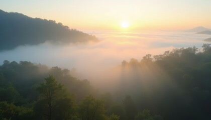 Fototapeta premium Ethereal sunrise over misty forest