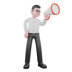 3D Film Director Character. a male producer stands while holding a loudspeaker in his left hand. Cartoon Model