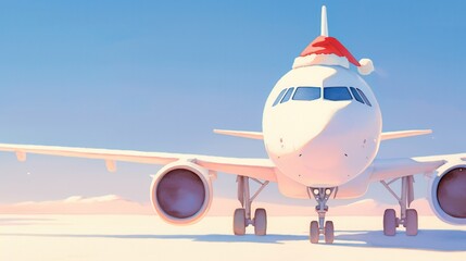 Christmas Holiday Travel concept. Front view, airplane with santa hat on head, peaceful holiday night