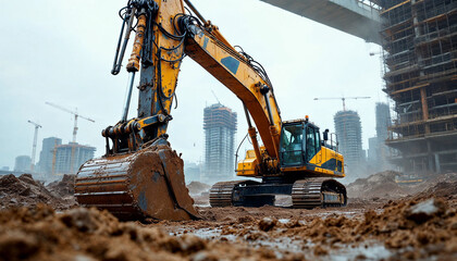 Excavator works on a rugged construction site, emphasizing industry and machinery.