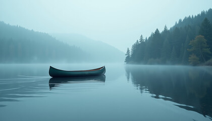 Misty Morning on the Lake with Canoe