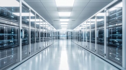 Fototapeta premium A modern data center corridor lined with server racks and bright overhead lighting.