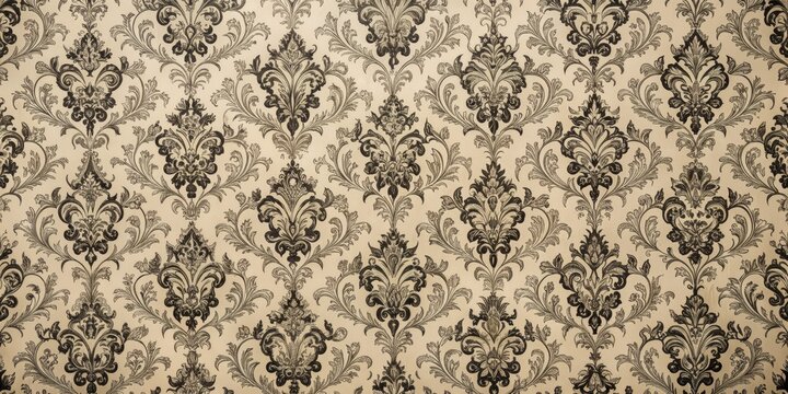 Fototapeta Vintage Damask Wallpaper Intricate Black Floral Pattern on Cream Background