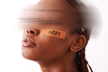Woman, studio and plaster on face with censor eyes for emdr therapy, healing treatment or reduce...