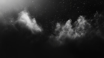 Soft cloud of white dust dispersing into a black background, with intricate details in the particles