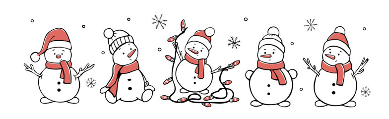 collection of cute snowmen vector sketch. snowman with a garland in his hands vector