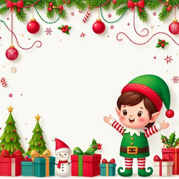 Cheerful elf, gifts. Christmas banner, greeting card or letter with copy space. Happy New Year wishes