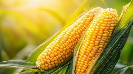 Cornfield with ripe golden cobs, sunlight touch, autumn harvest