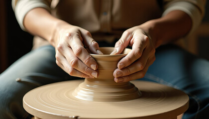 Hands Shaping Clay Bowl on Pottery Wheel