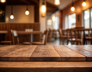 Wooden board empty table background. abstract blurred cafe background
