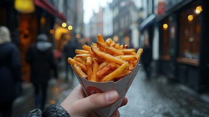 Crispy fries in hand, classic Brussels cobblestone street