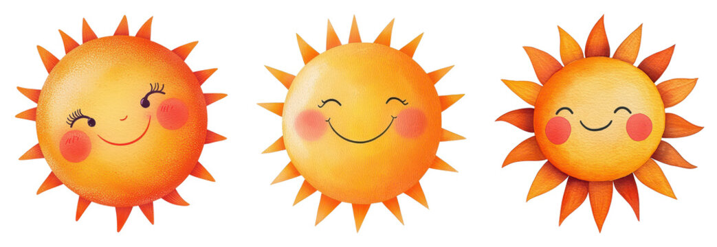 Cheerful sun characters digital art whimsical style bright colors playful concept
