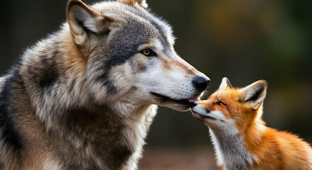 Fototapeta premium Friendship and love photos that don't require animal species (Gray wolf, red fox)