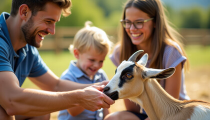 Family Feeding a Goat at a Farm