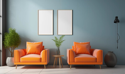 Modern Living Room Interior with Orange Armchairs and Empty Frames