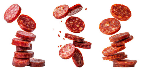 Sliced chorizo action kitchen food photography black background close-up culinary art