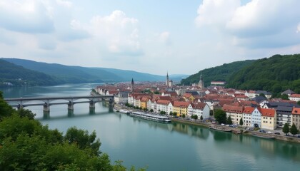 Obraz premium Tranquil riverside town under a clear sky