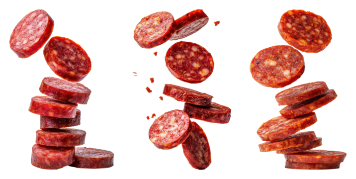 Sliced chorizo action kitchen food photography black background close-up culinary art