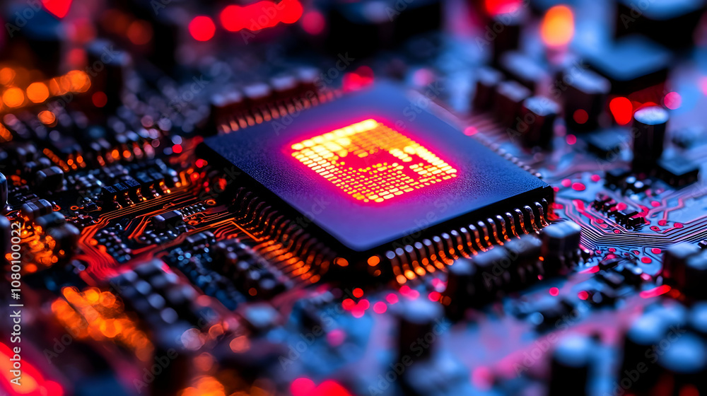 Poster closeup of circuit board with glowing chip - realistic image