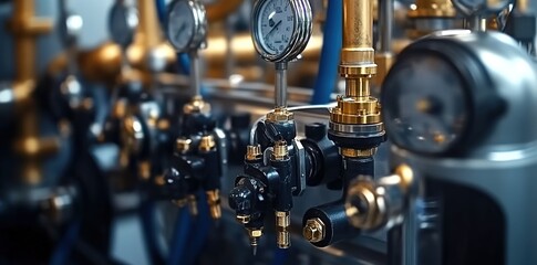 

Close-up of an industrial gas system with brass fittings