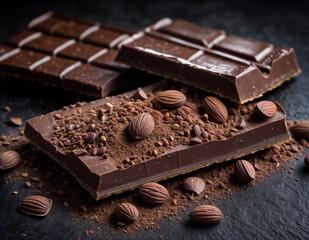 Broken dark chocolate bar and cocoa powder on a brown table. Valentine advertising