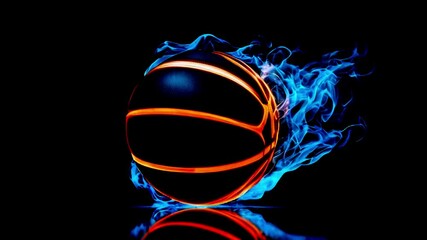 Luxury black basketball ball with glowing golden stripes in blue neon smoke on black background, free space for text.