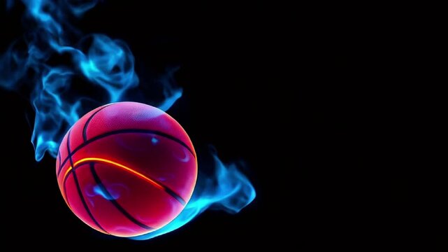bright glowing basketball ball in blue neon smoke on black background, free space for text.