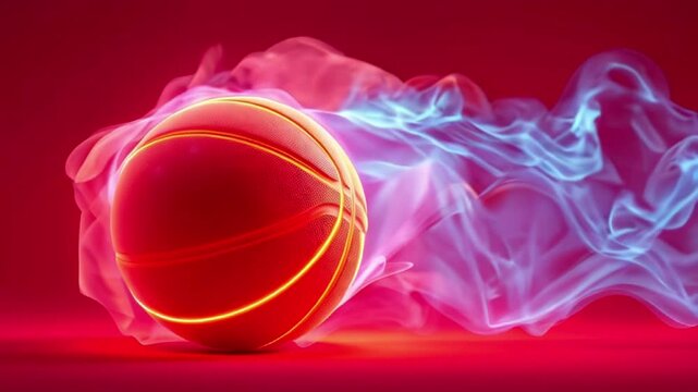bright  orange basketball ball in blue neon smoke on red background, free space for text. slow moving video
