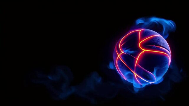 bright glowing basketball ball in blue neon smoke on black background, free space for text.