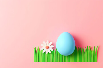 Minimalistic design with pink background, green grass strip, blue egg on right, white flower on left. Vibrant and playful setup perfect for Easter, spring celebrations, or greeting cards,