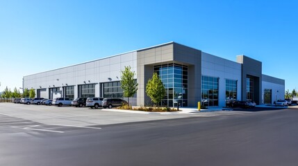 Obraz premium A modern warehouse and adjacent car service building, with parked vehicles and a large parking lot in front, under a blue sky 