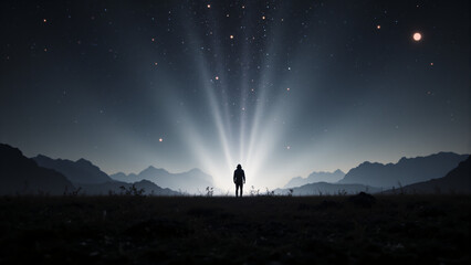 Fototapeta premium Solitude Under Fireworks in Vast Field, Minimalist Wonder