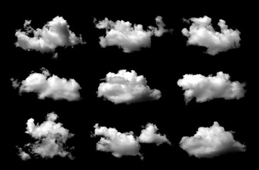 White clouds or fog set for fog design. Smog. Abstract clouds. Fog over sky. Summer. Dark gray storm. Condensation. Isolated on black background.	
