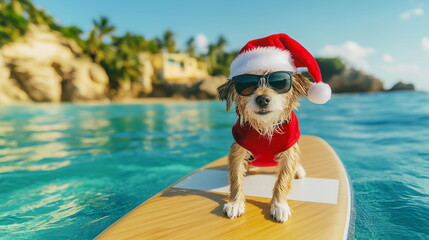 Happy dog wearing santa red hat and costume surfing at sea while christmas and new year vacation