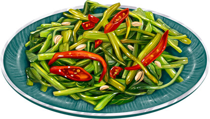 Stir Fried Aquatic Morning Glory on a Plate Illustration